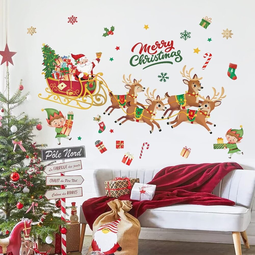 Christmas Window Wall Decals Santa Claus Reindeer Elf Wall Stickers Room Door Ch